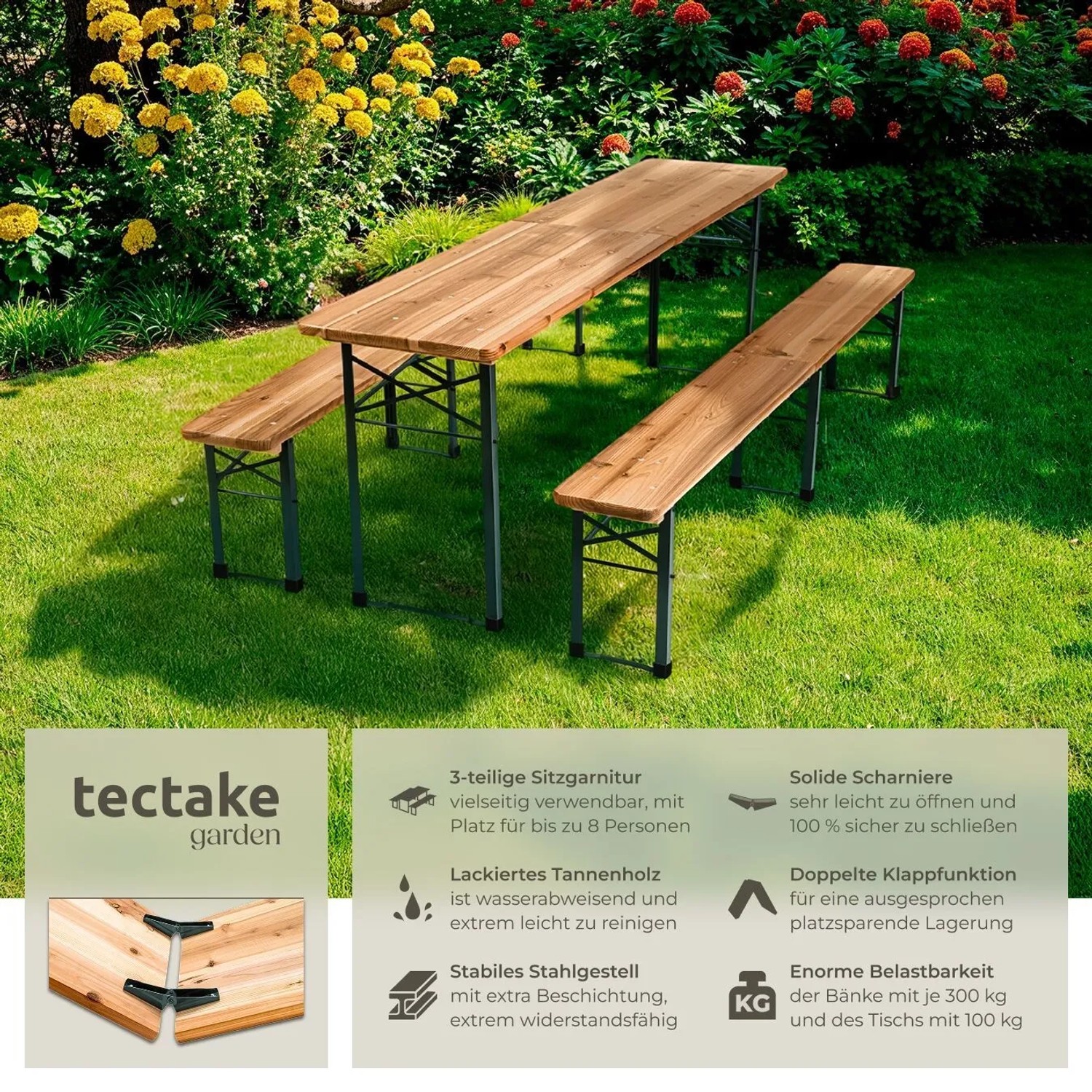 Tectake Bierzeltgarnitur Ralf 3 Teilig  Klappbar Tisch 220 x 50 5 x 77 5 cm  Bank 220 x 25 x 47 5 cm  220 x 50 50 x 77 50 cm Braun_2