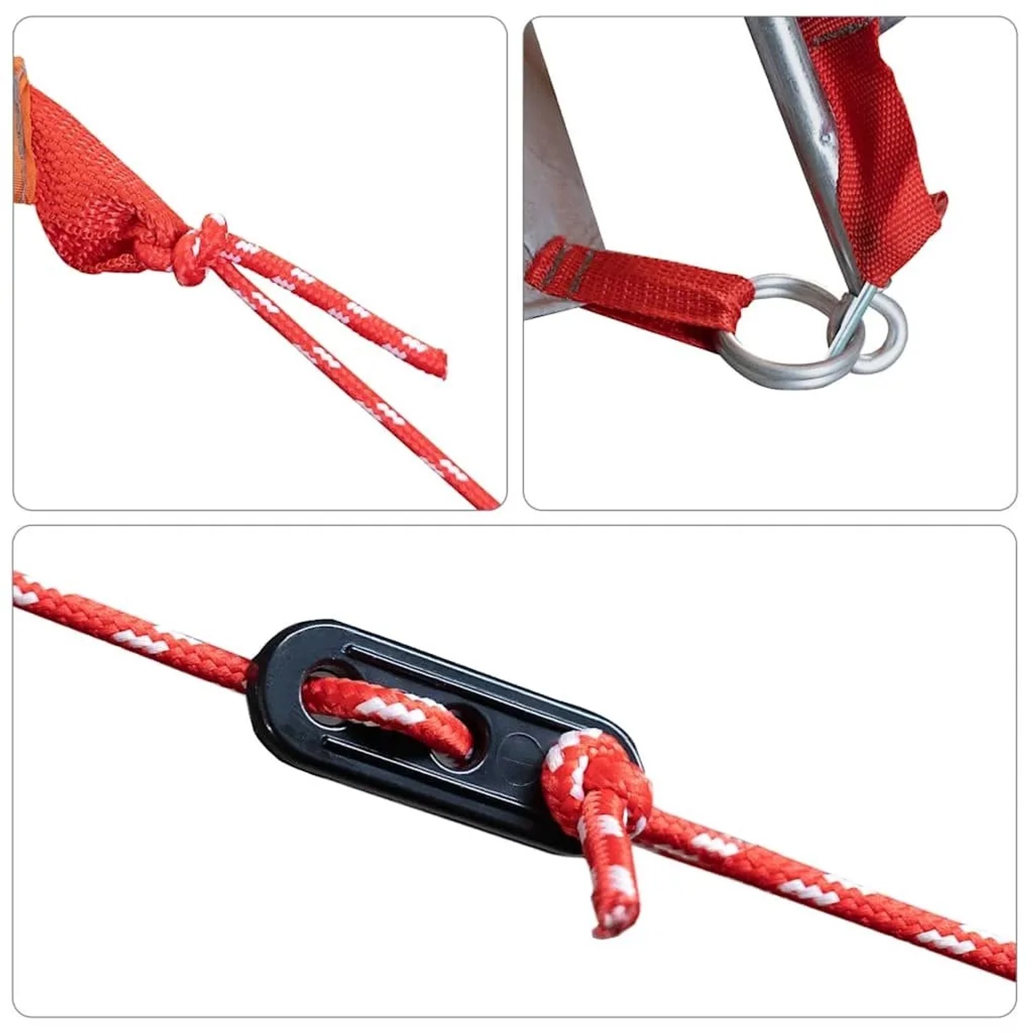 Rotes Abspannseil mit Spanner und Befestigungsring für das Tunnelzelt. Camping Zubehör.