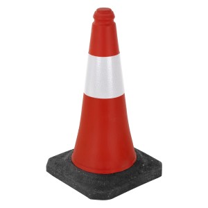 Rot-weißer Verkehrskegel, 51 cm hoch, mit schwerem, schwarzem Fuß und reflektierendem Streifen.