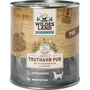 Wildes Land Hunde-Nassfutter Truthahn Pur, 800g Dose. Getreidefreies Alleinfutter mit Distelöl.
