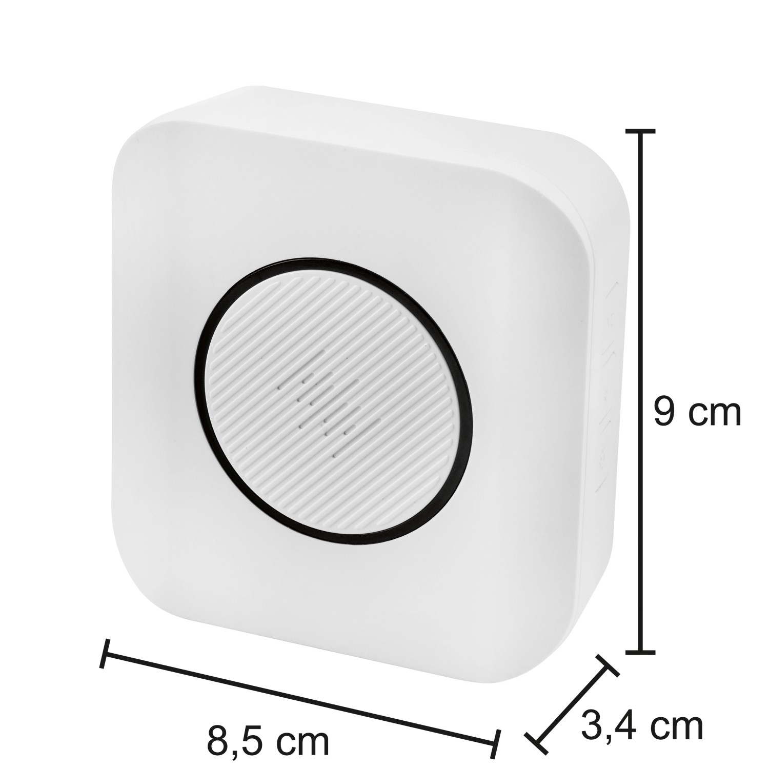 Weißer Funkgong mit Klingeltaster, 200 m Reichweite, mit Größenangaben.