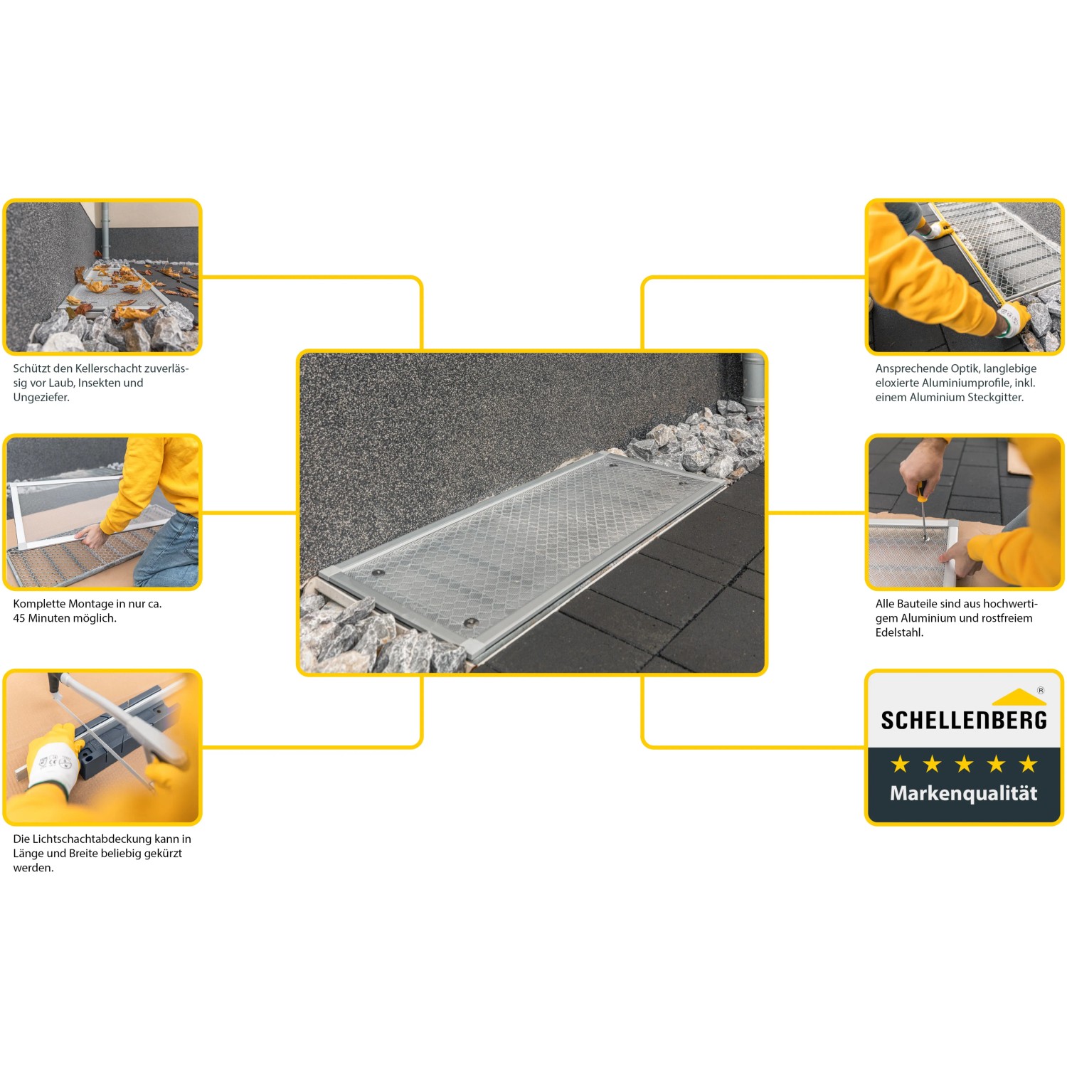 Schellenberg Lichtschachtabdeckung 55x110cm aus Aluminium zum Schutz vor Laub und Insekten.