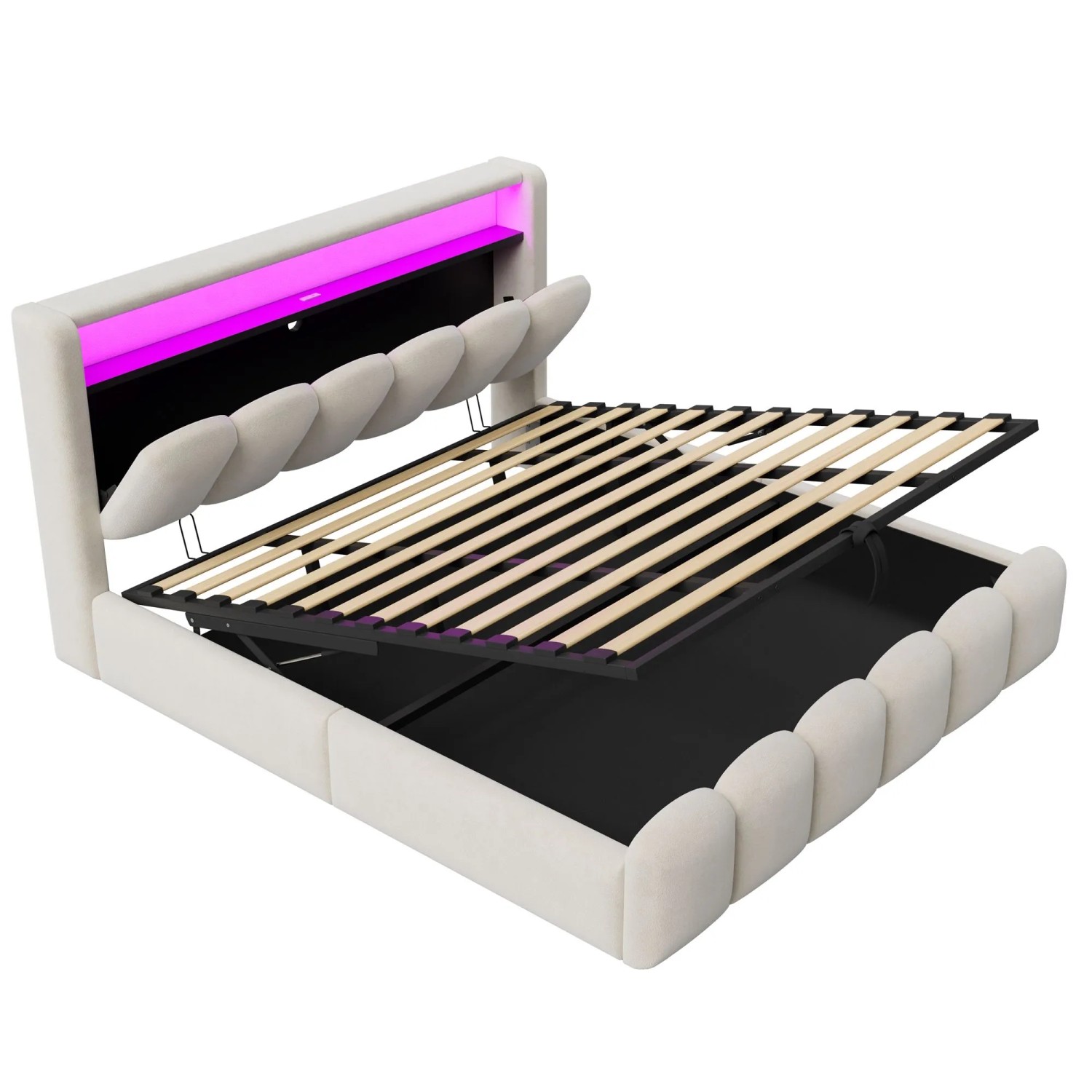 okwish Doppelbett 180x200cm mit LED USB C Hydraulik Stauraum Schlafzimmer Beige ohne Matratze
