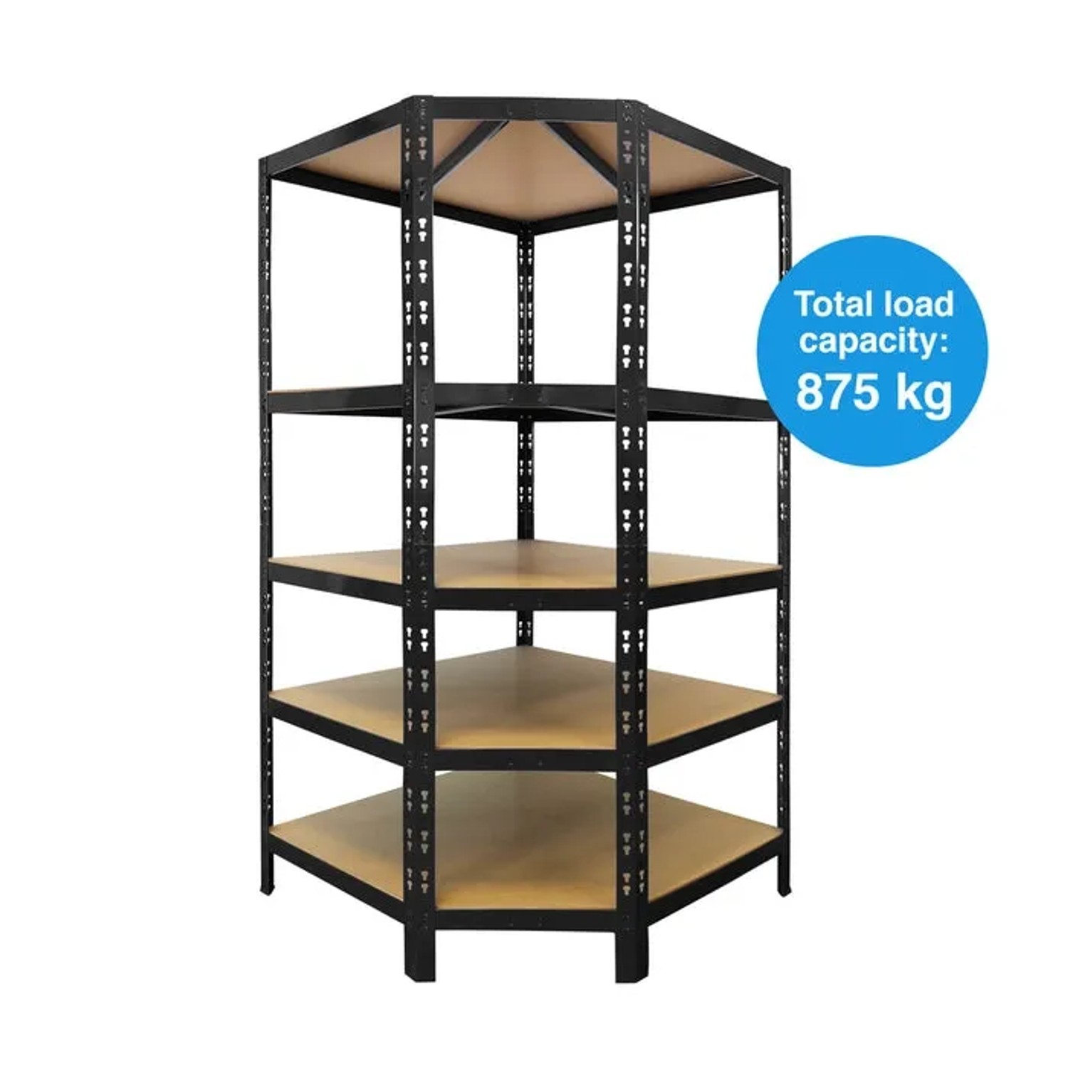 Schwarzes KARAT Eckregal mit 5 Böden, Traglast 875 kg, ideal für Keller und Garage.