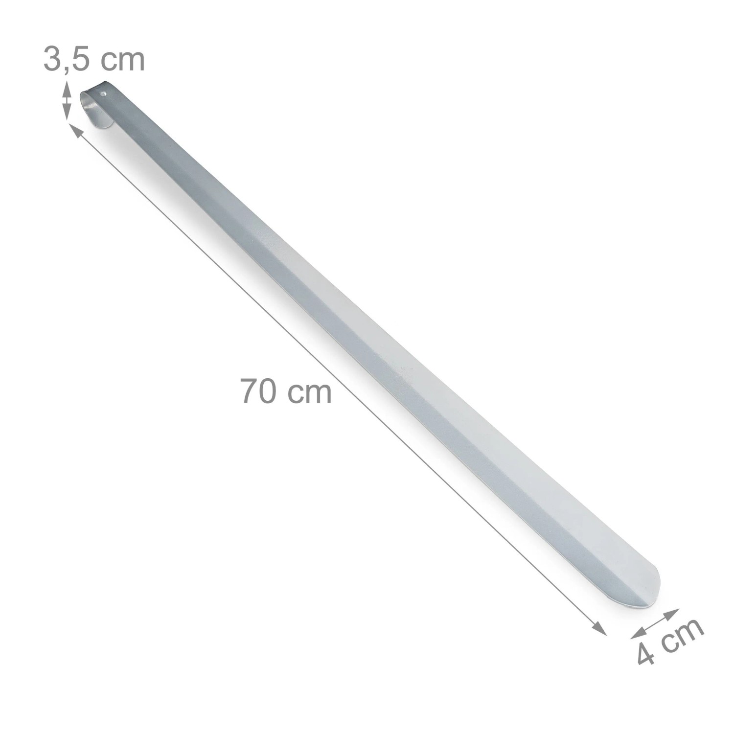 Silberner Relaxdays Schuhlöffel, 70 cm lang, aus Metall mit Aufhängeöse. Praktischer Haushaltshelfer für Schuhe.