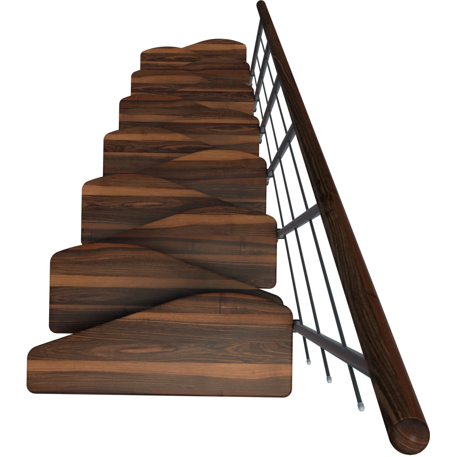 Minka Raumspartreppe Quatro in Walnuss/Schwarz, Innentreppe mit Holzstufen und Metallgeländer.