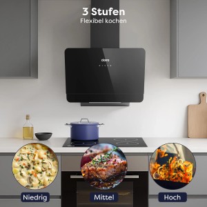 CIARRA Kopffreihaube 60cm schwarz mit Touch-Bedienung und drei Kochstufen im Küchenambiente.