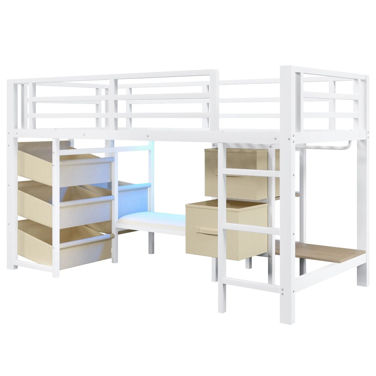 okwish Metall Halbhohes Bett 90x200cm mit Sitzkissen und LED Weiß ohne Matratze