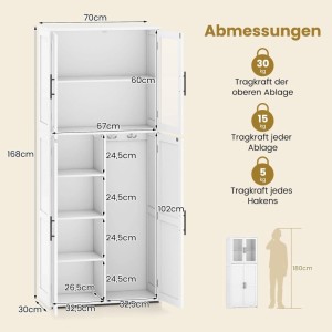 Costway Besenschrank 70 cm Breit Mehrzweckschrank Hochschrank mit 2 Haken