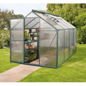 Vitavia Gewächshaus Triton 5000, Smaragd, mit Pflanzen und Zubehör im Garten.