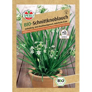 Samenpackung Kiepenkerl Bio-Schnittknoblauch mit Pflanze in Terrakottatopf.