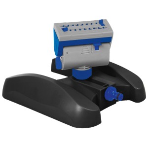 LUX Viereckregner für Gartenbewässerung, mit grau-blauem Sprühkopf und schwarzem Standfuß.