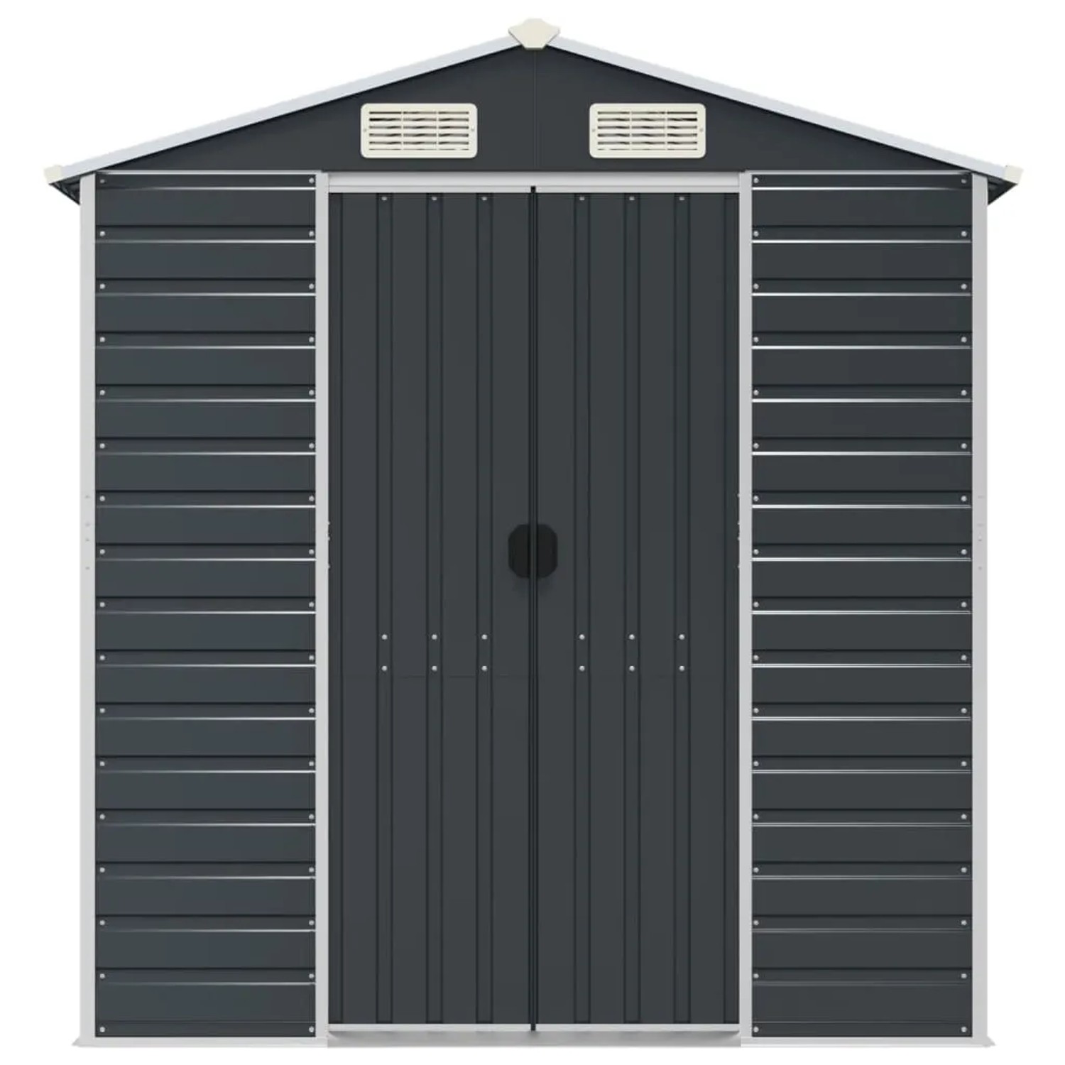 vidaXL Gerätehaus, anthrazitfarben, aus verzinktem Stahl, mit Doppeltür und Lüftungsöffnungen.