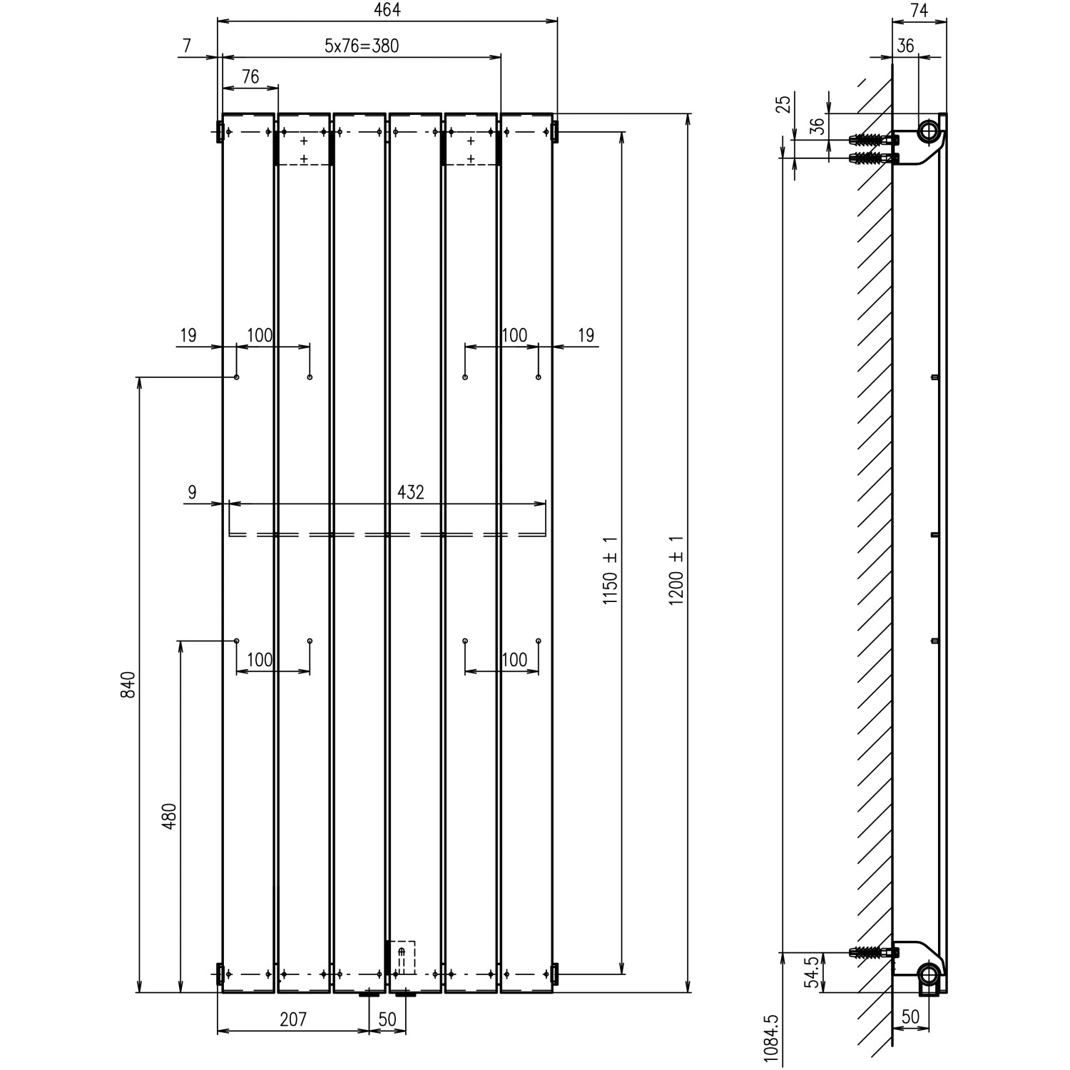 Technische Zeichnung: Schulte ExpressPlus Design-Heizkörper Aachen mit Maßen und Details.