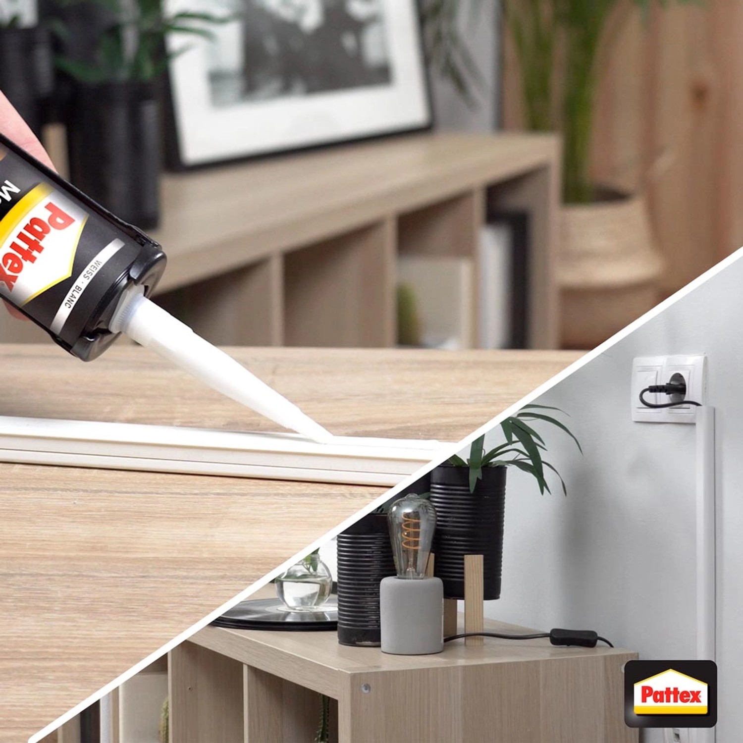 Anwendung von Pattex Montagekleber All Materials auf einer Leiste.