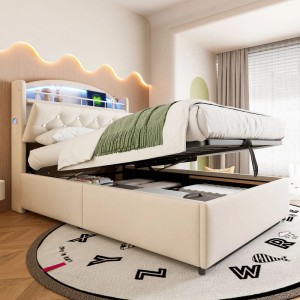 Beiges Merax Kinderbett 90x200cm aus Samt, offen mit Stauraum, LED-Kopfteil und USB-Anschlüssen.