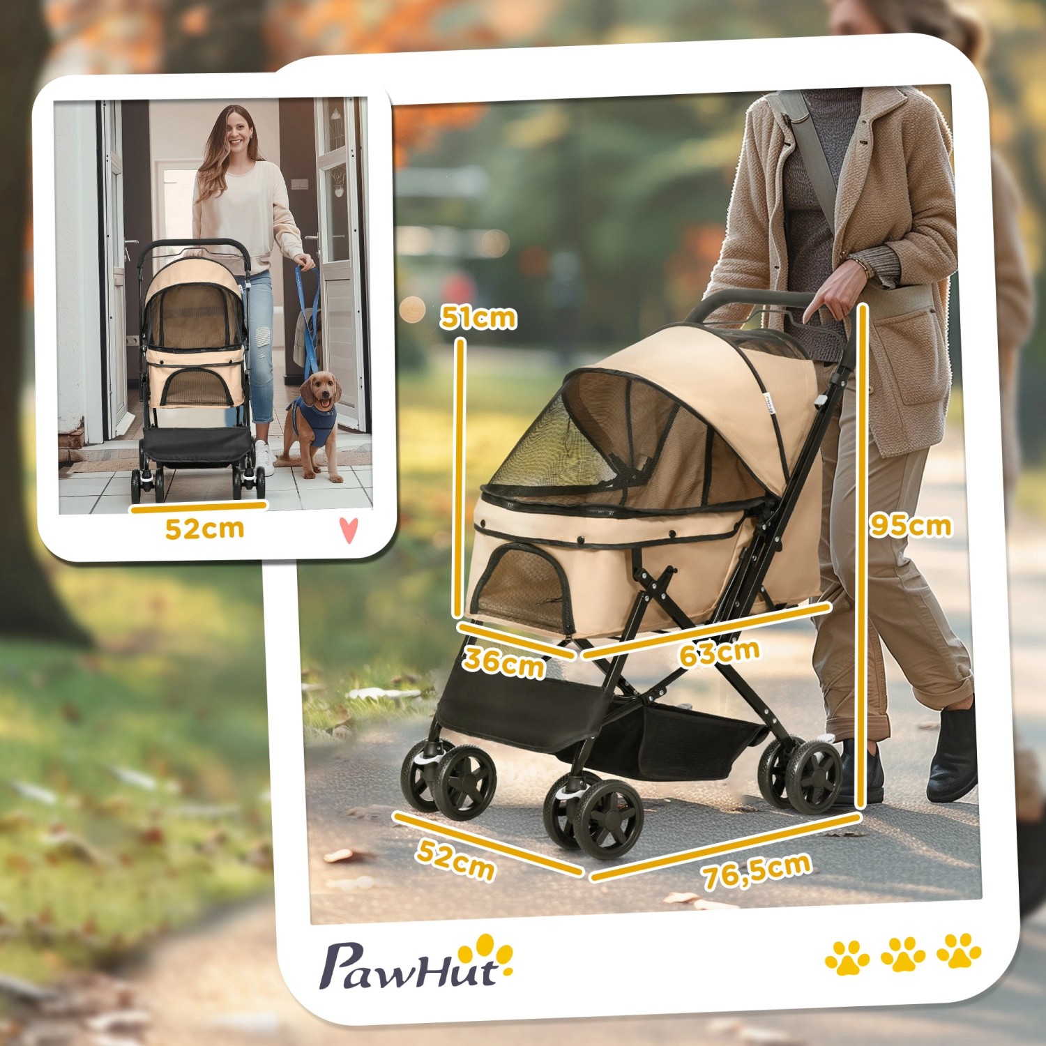 PawHut Hundewagen in Braun mit Maßen, geeignet für kleine Hunde, ideal für Spaziergänge.