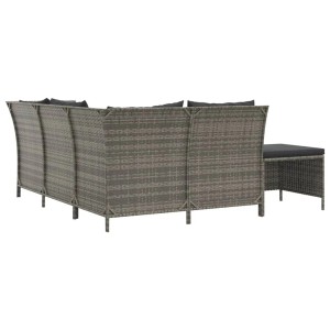 Graues 4-tlg. vidaXL Garten-Lounge-Set aus Polyrattan mit Kissen und Hocker.