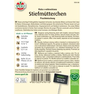 Sperli Saatgut Stiefmütterchen Prachtmischung mit bunten Blüten auf der Verpackung.