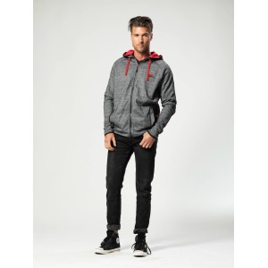 Schwarze Herren Strickjacke Outdoor, Größe M, mit Kapuze und rotem Innenfutter. Arbeitskleidung.