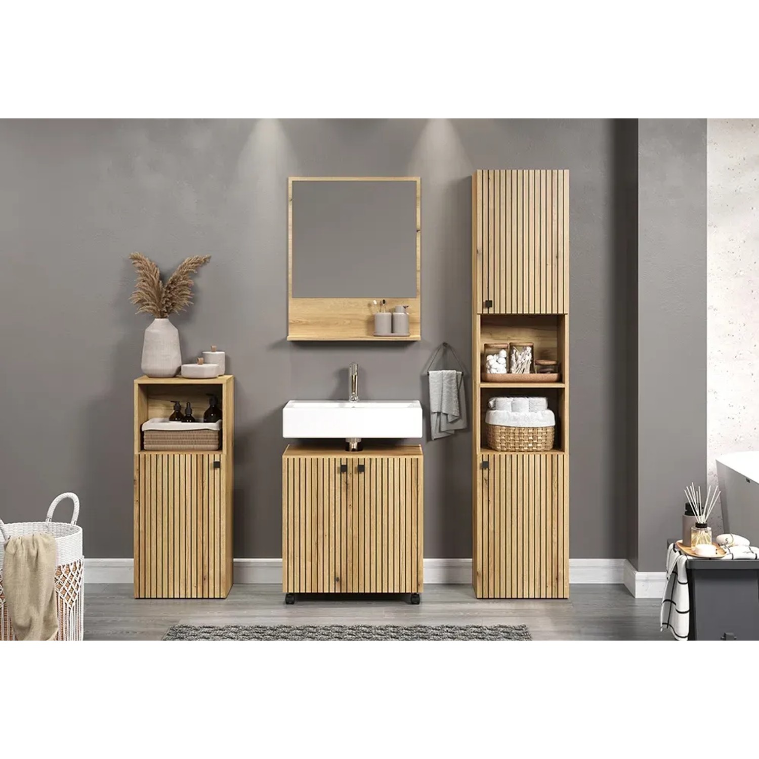 Trendteam Badmöbel-Set Pure Bliss: Standschrank, Waschtischunterschrank, Spiegelschrank in Artisan Eiche mit Rillen.
