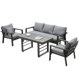 Graue MeXo Dining Lounge aus Aluminium mit Esstisch für 5 Personen. Gartenmöbel-Set mit Polstern.