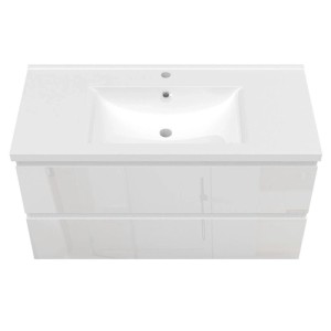 Weißer Hochglanz Waschtisch 100cm mit Keramik Waschbecken und grifflosen Unterschrank. Modernes Badmöbel Set mit zwei Schubladen.