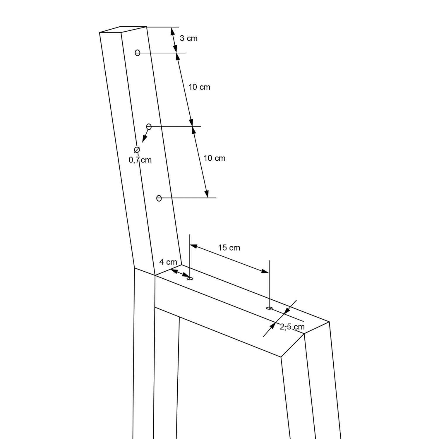 Skizze: ML-Design Bankbeine H-Form, 47x77,5cm, Maße und Befestigungslöcher für Bankgestell mit Lehne.