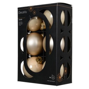 Sechs perlfarbene Glas-Weihnachtskugeln (8 cm) in matter und glänzender Ausführung, verpackt in einer schwarzen Box.