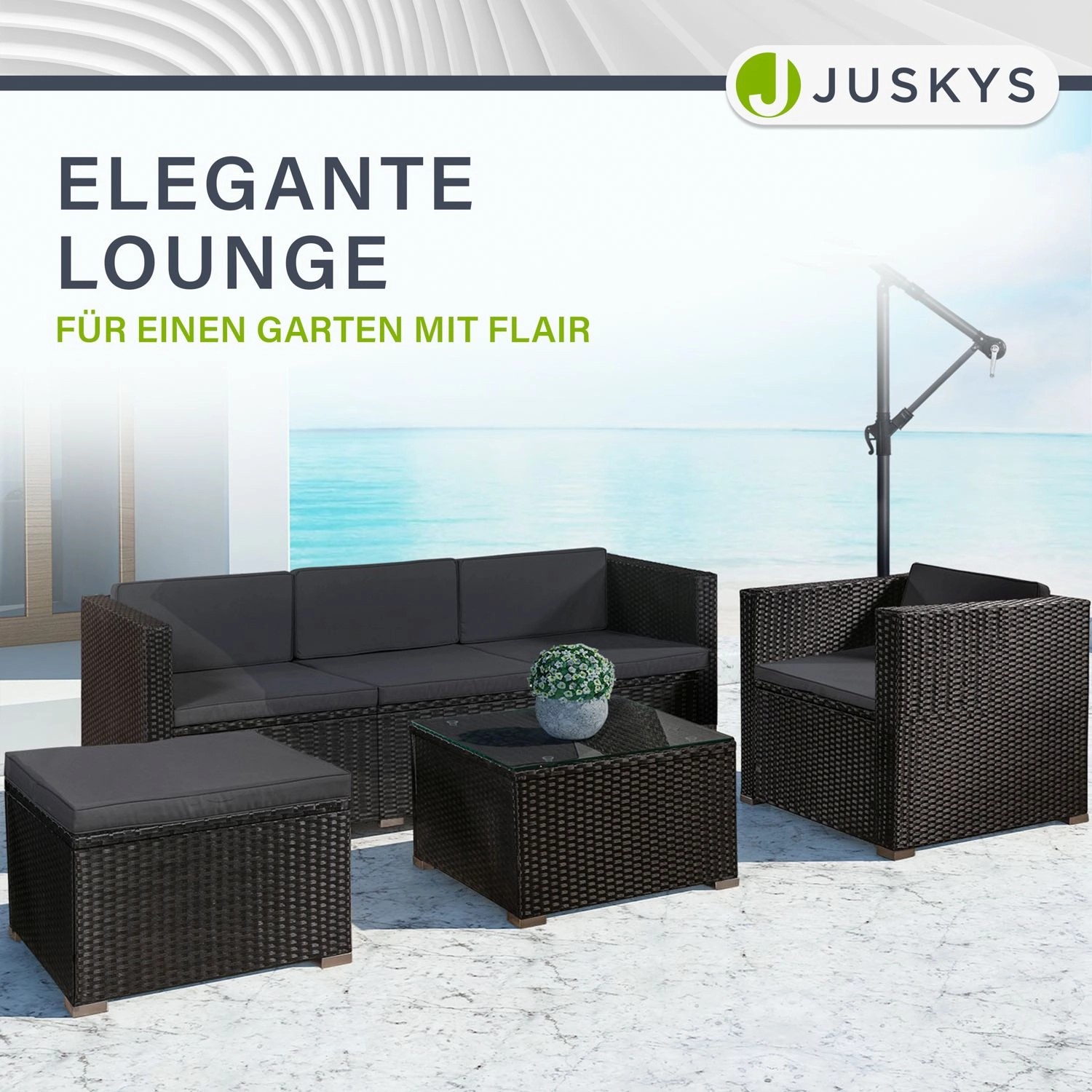 Juskys Polyrattan Lounge Punta Cana L, schwarz mit dunkelgrauen Bezügen. Gartenmöbel-Set mit Sofa, Sessel, Hocker und Tisch.