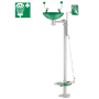 Delabie Sicherheits-Augendusche auf Säule mit grüner Auffangschale und Hand-/Fußbedienung.