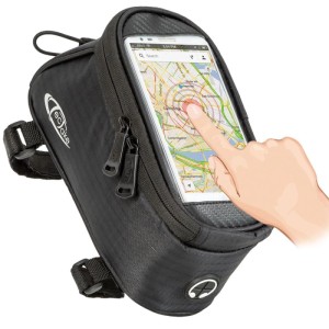 Schwarze Tectake Fahrradtasche mit Rahmenbefestigung und Touchdisplay für Smartphone.