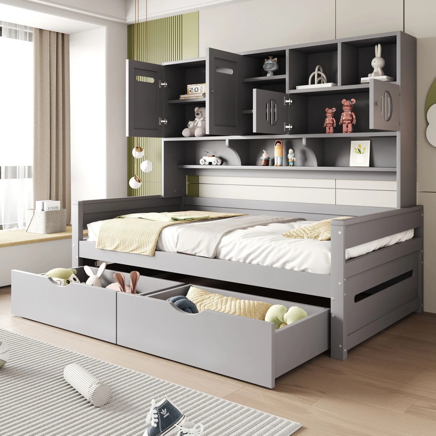 Merax Schlafsofa 90x200cm Holz Stauraum Schublade Grau