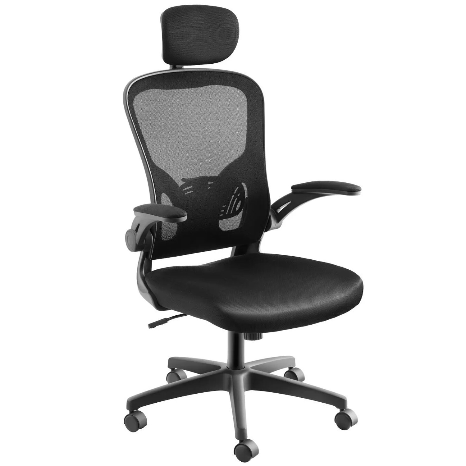 Tectake Bürostuhl Arges Ergonomische Form Mit Verstellbarer Lordosenstütze und Verstellbarer Kopfstütze Dicke Polsterung  63 x 68 x 131 cm Schwarz