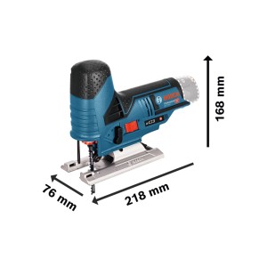Bosch Professional Akku-Stichsäge GST 12 V-70 Solo, blau-schwarz, mit Sägeblatt und Maßen: 168x218x76 mm.