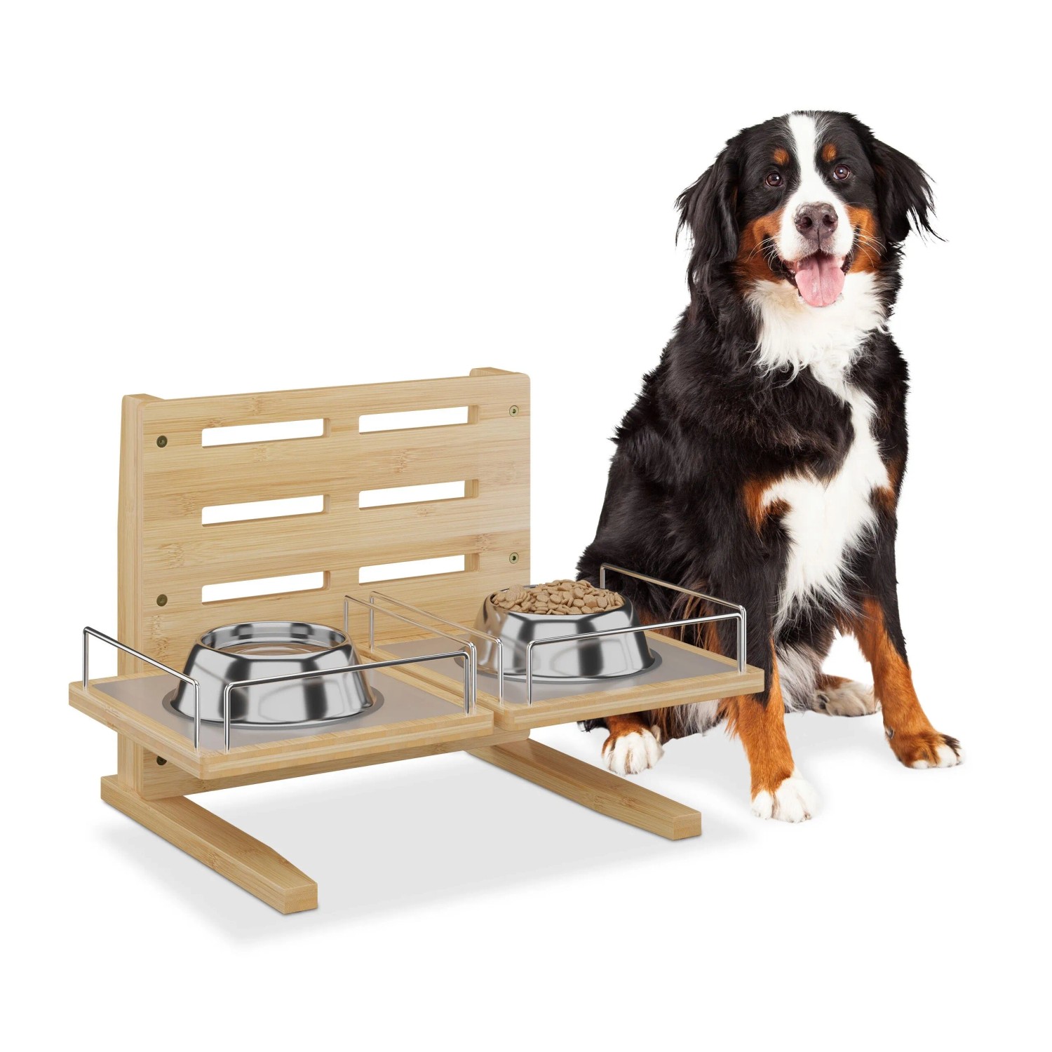 Relaxdays Futterstation für Hunde Bambus Natur Höhenverstellbar 37 cm x 55 cm x 36 cm
