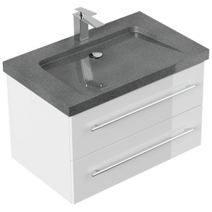 Posseik Badmöbel-Set Yamo, 75 cm, Weiß Hochglanz mit Granit Waschbecken.