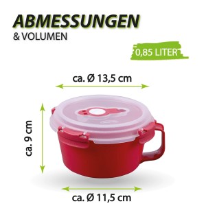 Rote Bestlivings Frischhaltebox mit Deckel, 0,85 Liter, mit Maßangaben.
