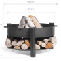Schwarze CookKing Feuerschale Montana Stahl mit Holzlager, Ø 80 cm, gefüllt mit Holz.