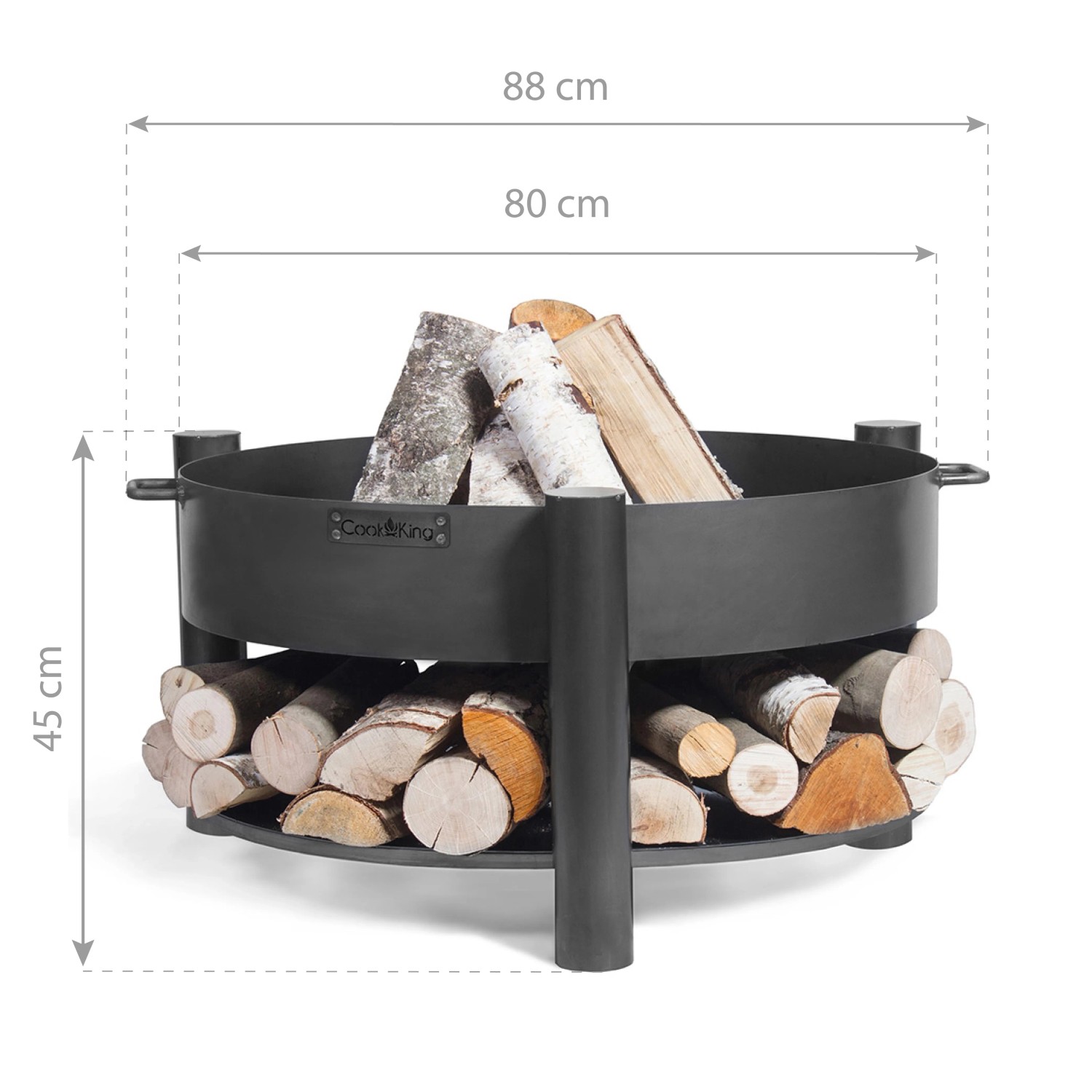 Schwarze CookKing Feuerschale Montana Stahl mit Holzlager, Ø 80 cm, gefüllt mit Holz.