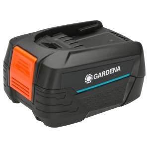 Gardena System Akku P4A PBA 18 V/72, 4 Ah für Gartengeräte, schwarz/orange.