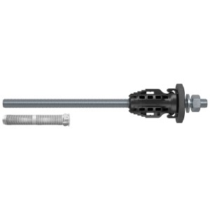 Fischer TherMax II Abstandsmontagesystem für gedämmte Fassaden. Graue Gewindestange, schwarzer Konus, Mutter und Ankerhülse.