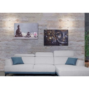 Zwei LED-Leinwandbilder 40x60cm: Buddha-Statue mit Kerzen und leuchtendes Buddha-Gesicht. Dekoartikel.
