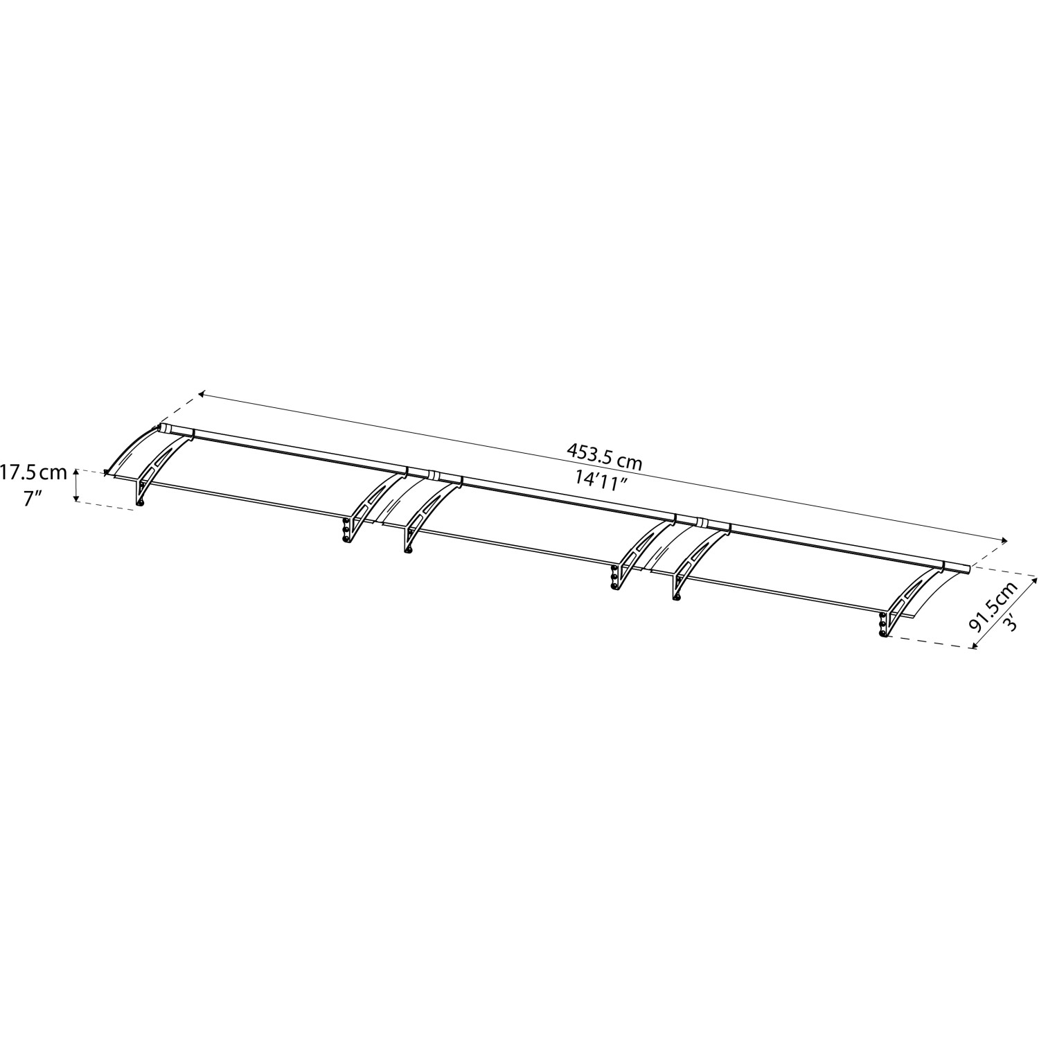 Graues Palram Canopia Vordach Aquila, 17,5 x 453,5 x 91,5 cm, mit Maßangaben.