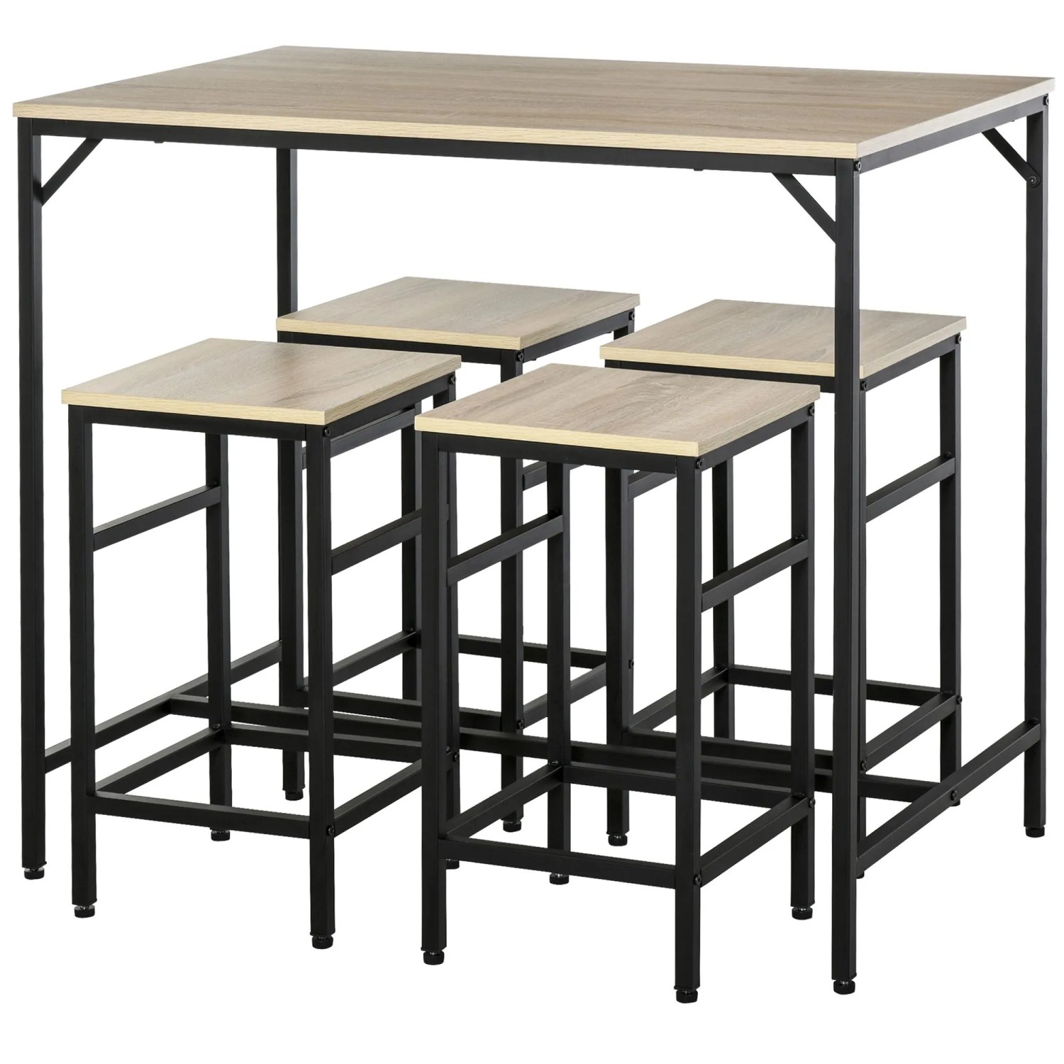 5-teiliges Bartisch-Set Eiche Schwarz: rechteckiger Tisch, 4 Barhocker mit heller Holzplatte, schwarzes Metallgestell, industrieller Stil, platzsparend.