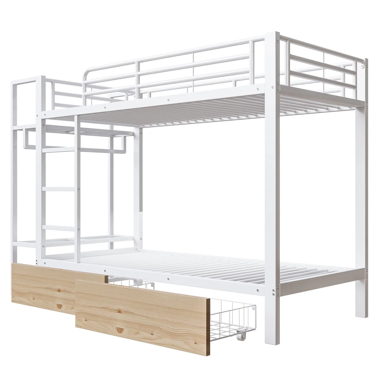 okwish Etagenbett 90x200cm mit LED und Kleiderstange 2 Schubladen Weiß ohne Matratze