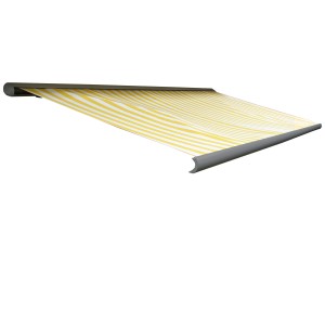 Elektrische Kassettenmarkise, 4x3m, gelb-weiß gestreift, grauer Rahmen. Vollkassettenmarkise.