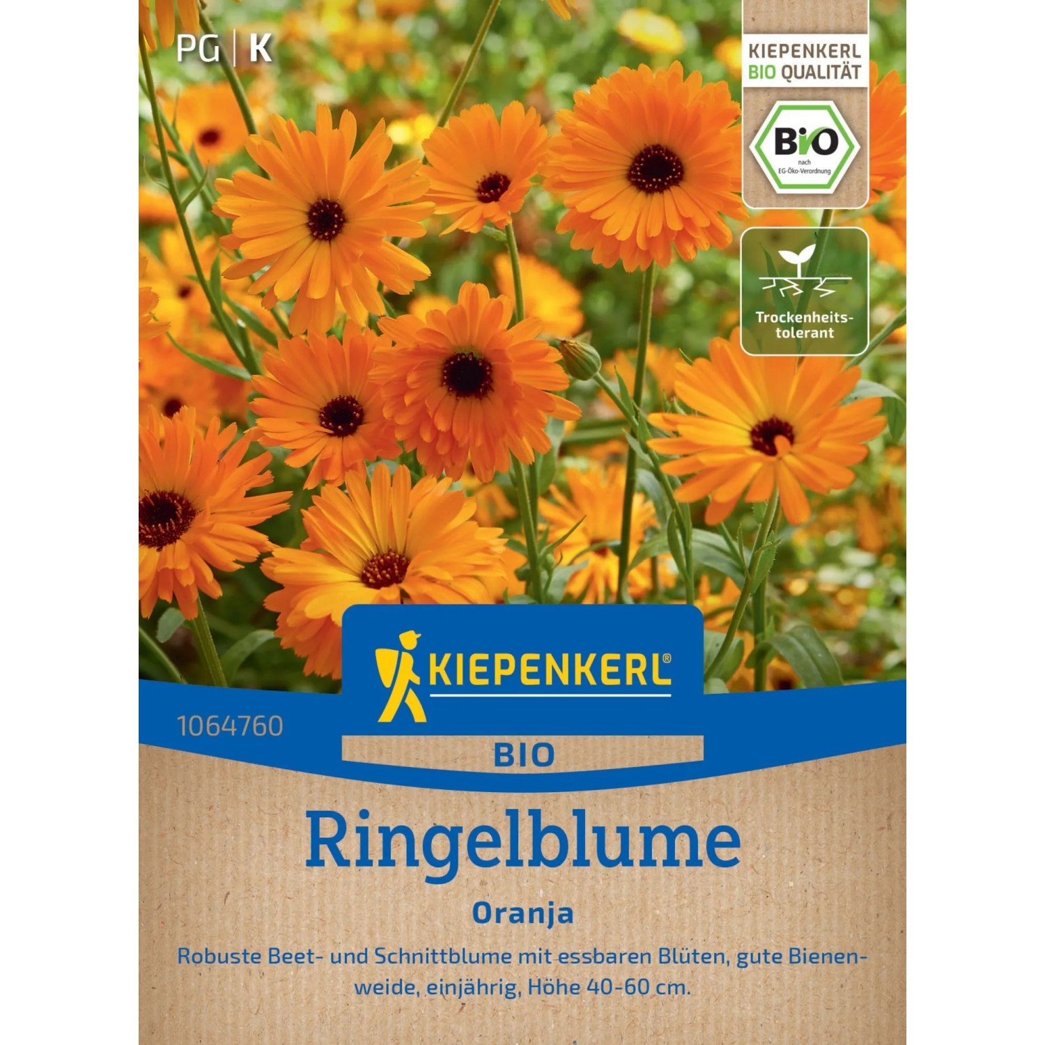 Kiepenkerl BIO Ringelblume Oranja: Saatgutpackung mit leuchtend orangefarbenen Blüten.
