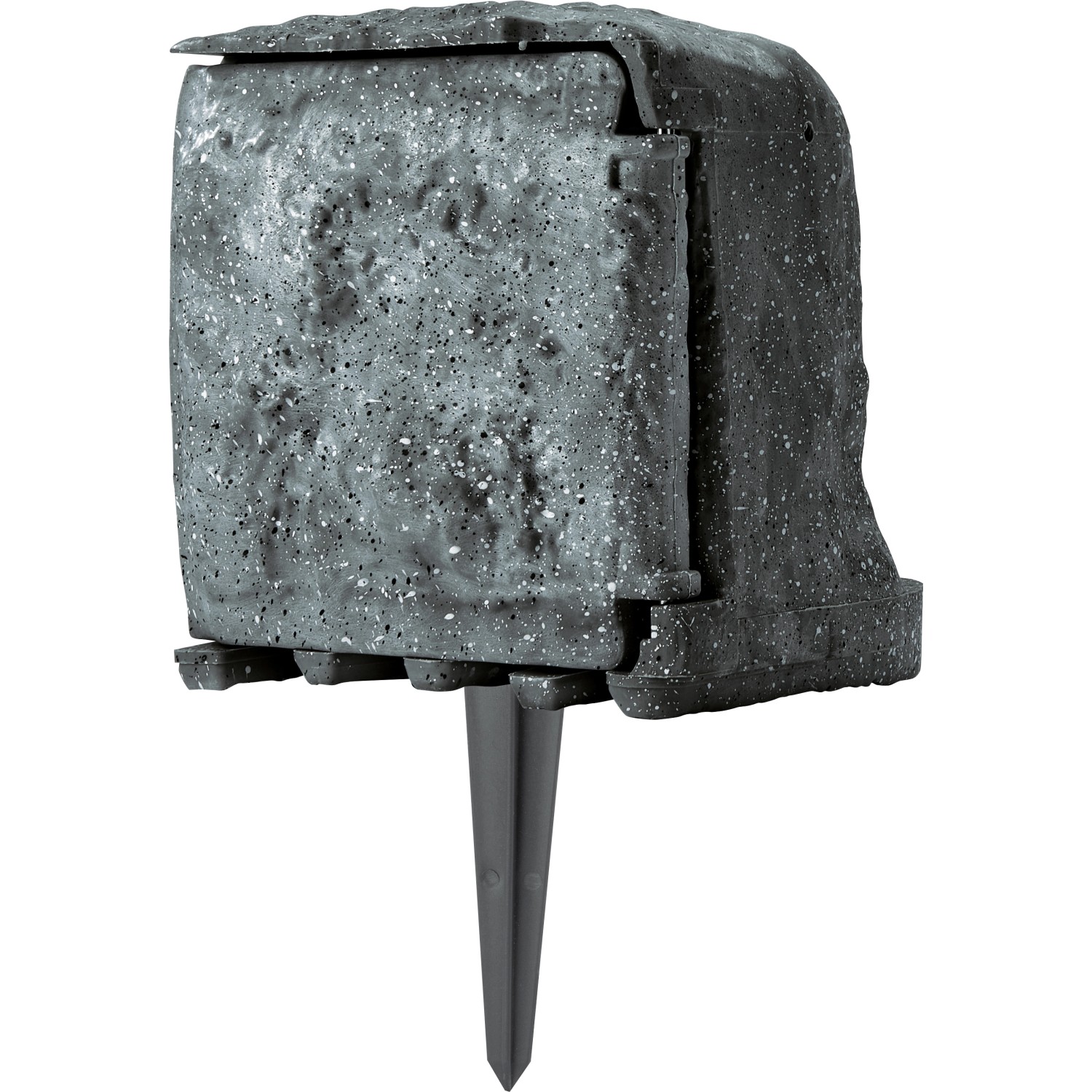 Gartensteckdose in Steinoptik mit 4 Steckdosen und Erdspieß für den Außenbereich.