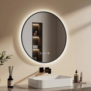 Runder LED Badspiegel, 70 cm, mit schwarzem Rahmen, Beleuchtung, Uhr, Temperaturanzeige und Antibeschlag.